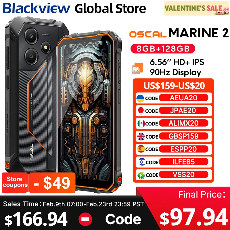 Blackview MARINE 2 Rugged Smartphone 6.56-inch HD+ IPS 90Hz Display 11000mAh 8GB 128GB Android 15 NFC 16MP Camera Cellphone