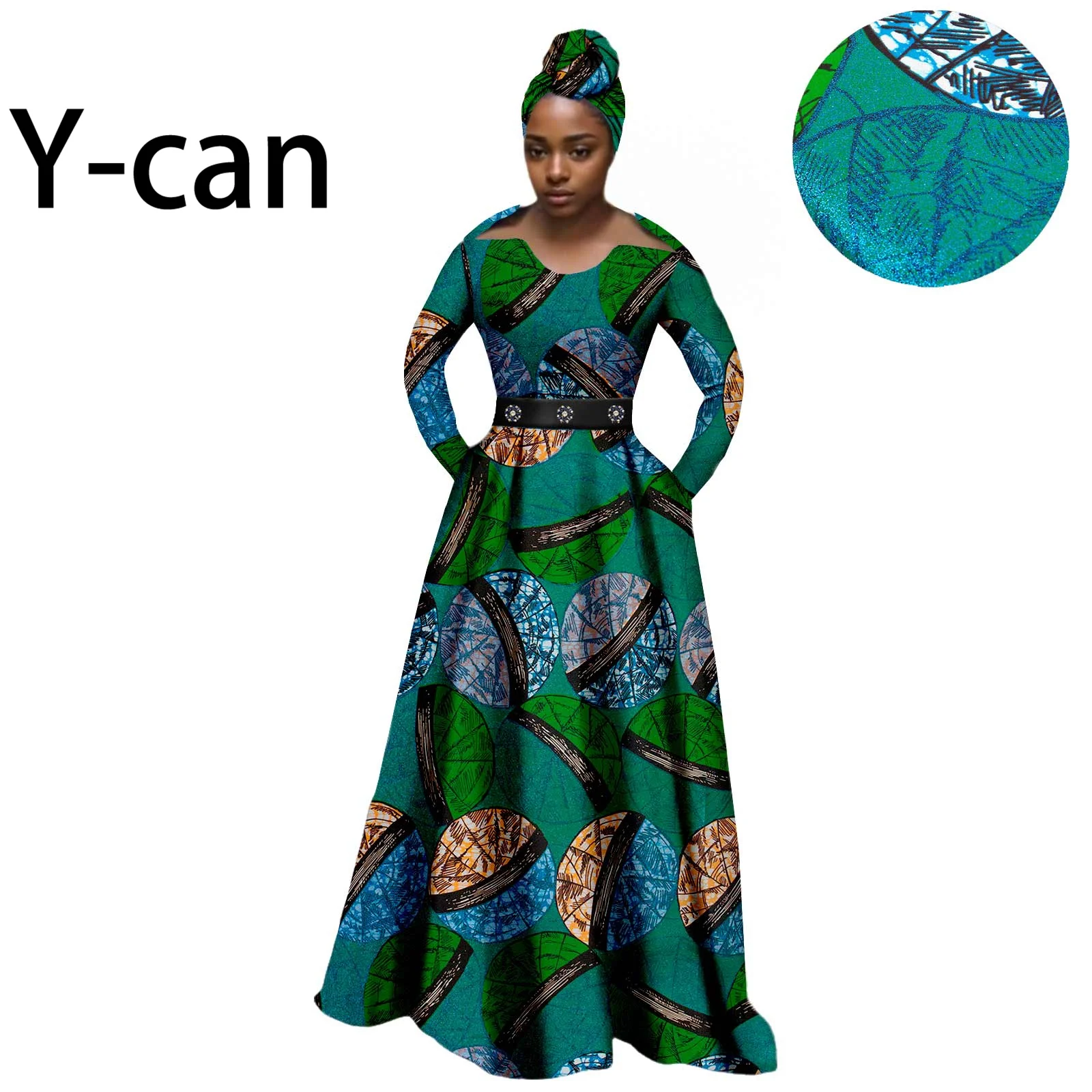 

African Women Dress O-neck Long Sleeve Floor Length High Waist A-line Pleated Vestidos With Headscarf Causal Ankara Wax 2425112