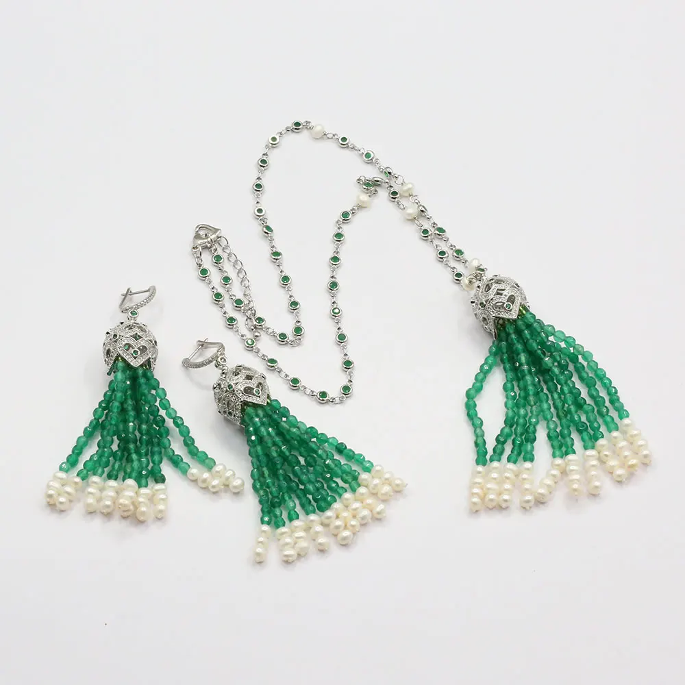 GG Naural Green Agate White Pearl Pendant CZ Chain Necklace Earrings Sets Cute Style For Lady Women Gift Jewelry