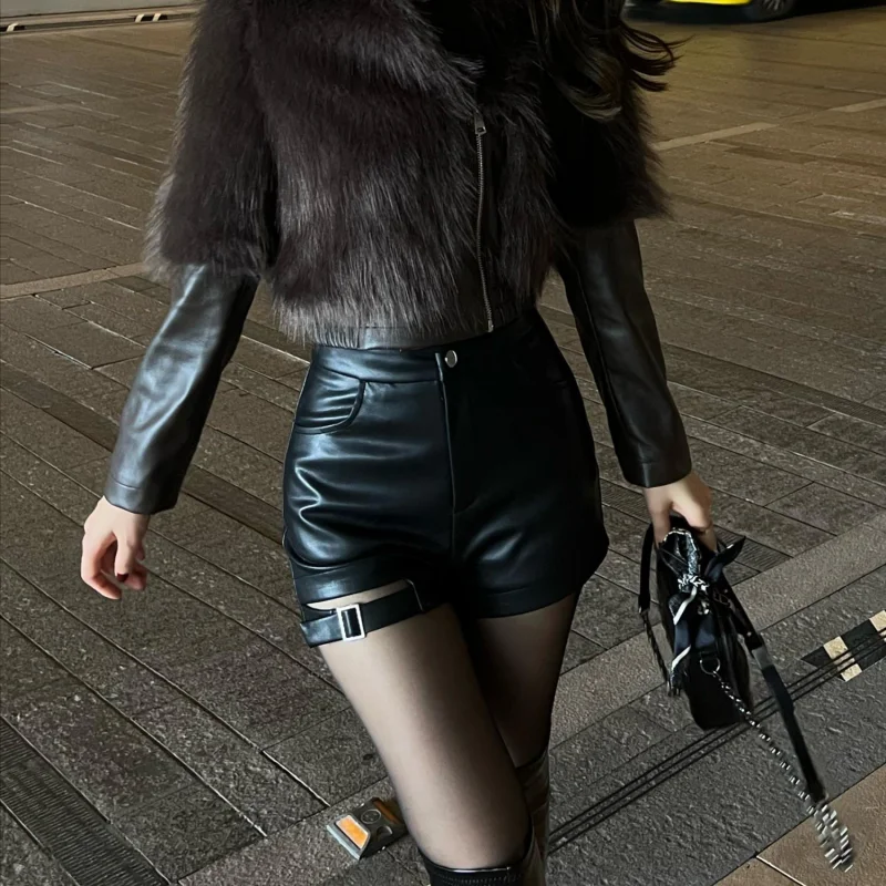 Sexy Black Pu Leather Shorts Women\'s Autumn and Winter Tight Gothic High Waist Shorts Street Fashion Y2K Hot Girl Outfit