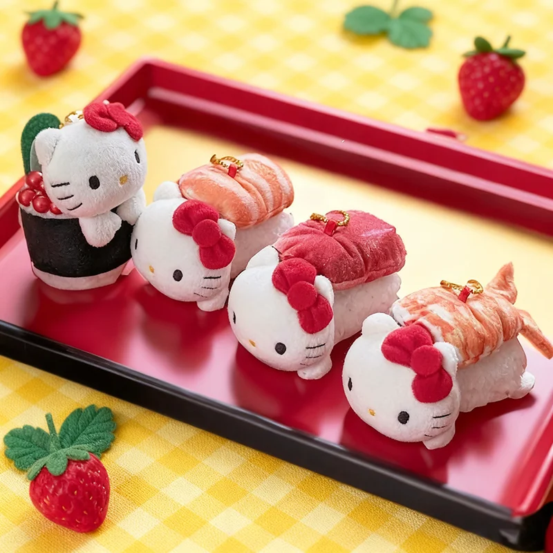 Kawaii Hello Kitty Sushi Plush Doll Keychain Charm Cartoon Kt Cat Salmon Tuna Sweet Shrimp Doll Backpack Charm Charm Cute Gifts