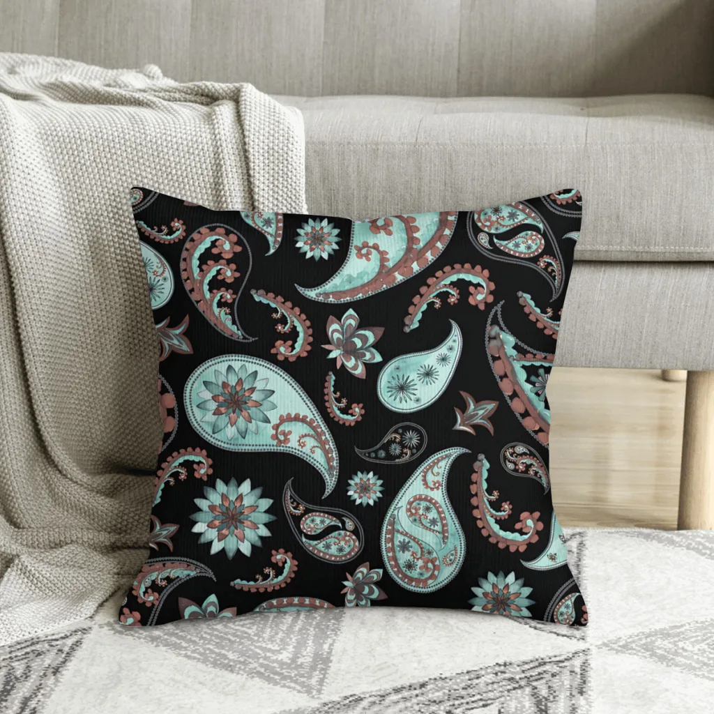 

Aqua and Black Persian Paisley Pattern Paisley Style Polyester Cushion Cover For Home Car Decorative Reusable