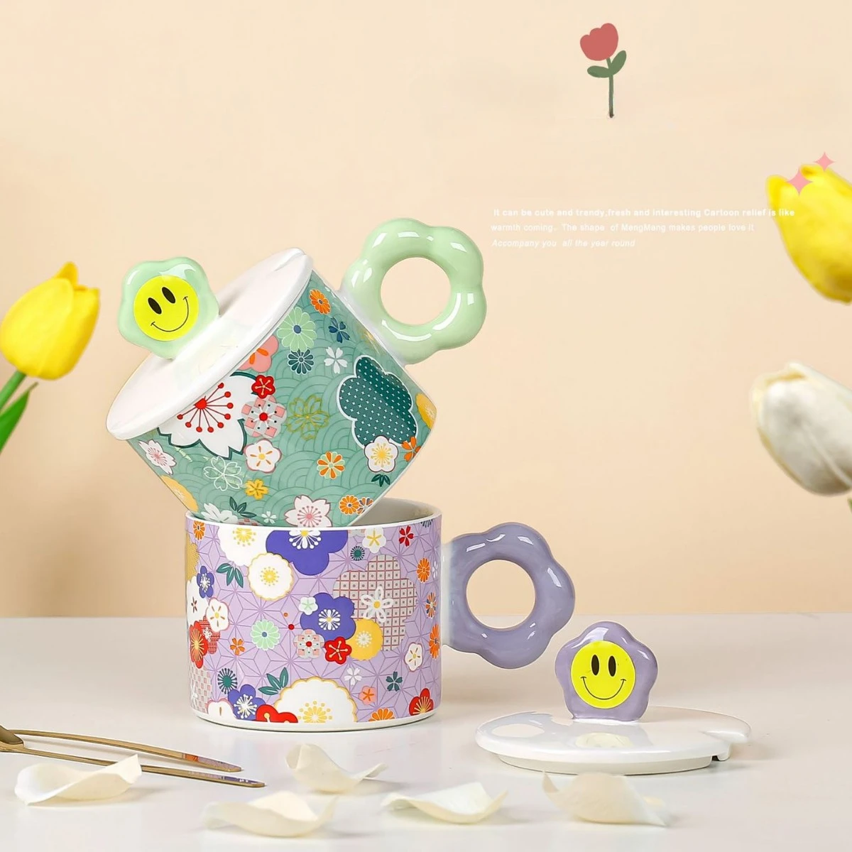 380ml Cute Girl Heart Creative Cute Fun Flower Smiling Face Mark Student Dormitory Household Couple Ceramic Cup