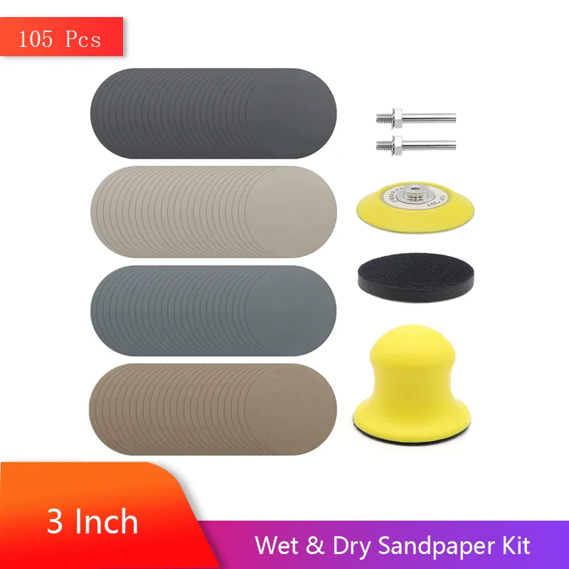 

105Pcs 3 Inch Sanding Discs Set Wet Dry Sandpaper Buffing Pad Backer Plate Hand Sanding Block for Auto Wood Jewelry Polishing