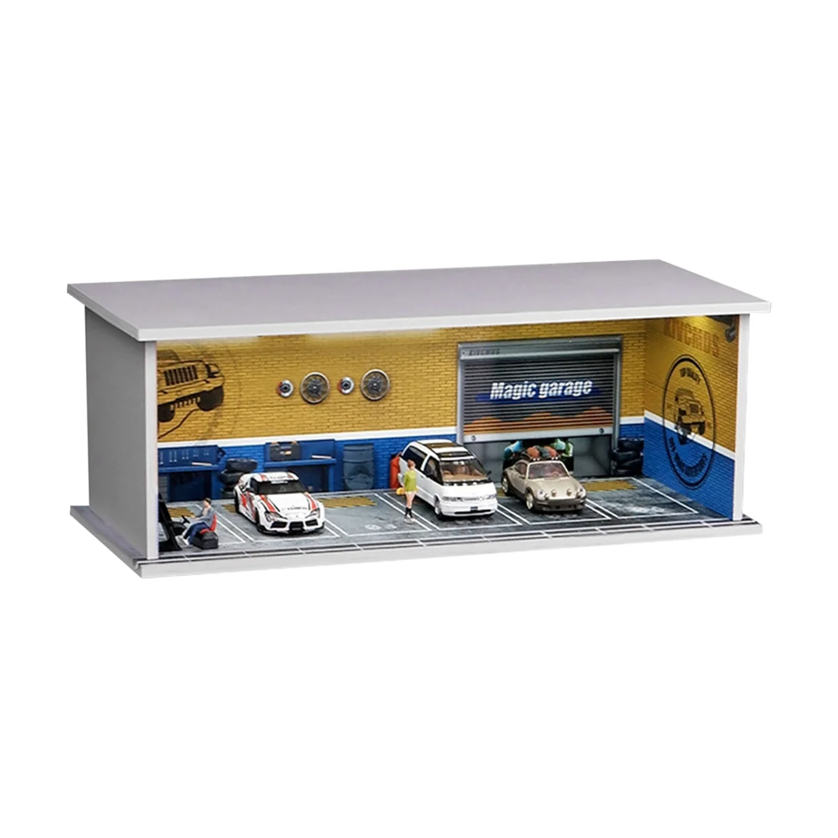 1/64 Diorama Car Garage Model LED Lighting City Car Showroom Scene for Miniatures Vehicles Display Model Assembled Park