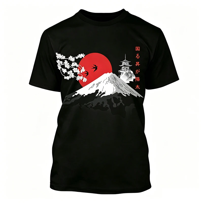 Japan Sakura Pagoda Trendy short-sleeved T-shirts for men and women popular summer style slim-fitting printed round neck tops