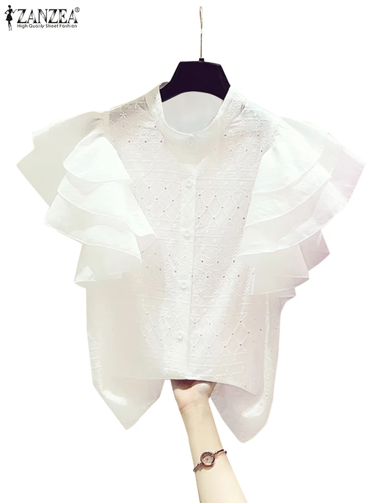 ZANZEA Korean Lace White Shirt Women Fashion Ruffle Short Sleeves Tops 2024 Summer Designer Blouse Office Lapel Neck Buttons Top