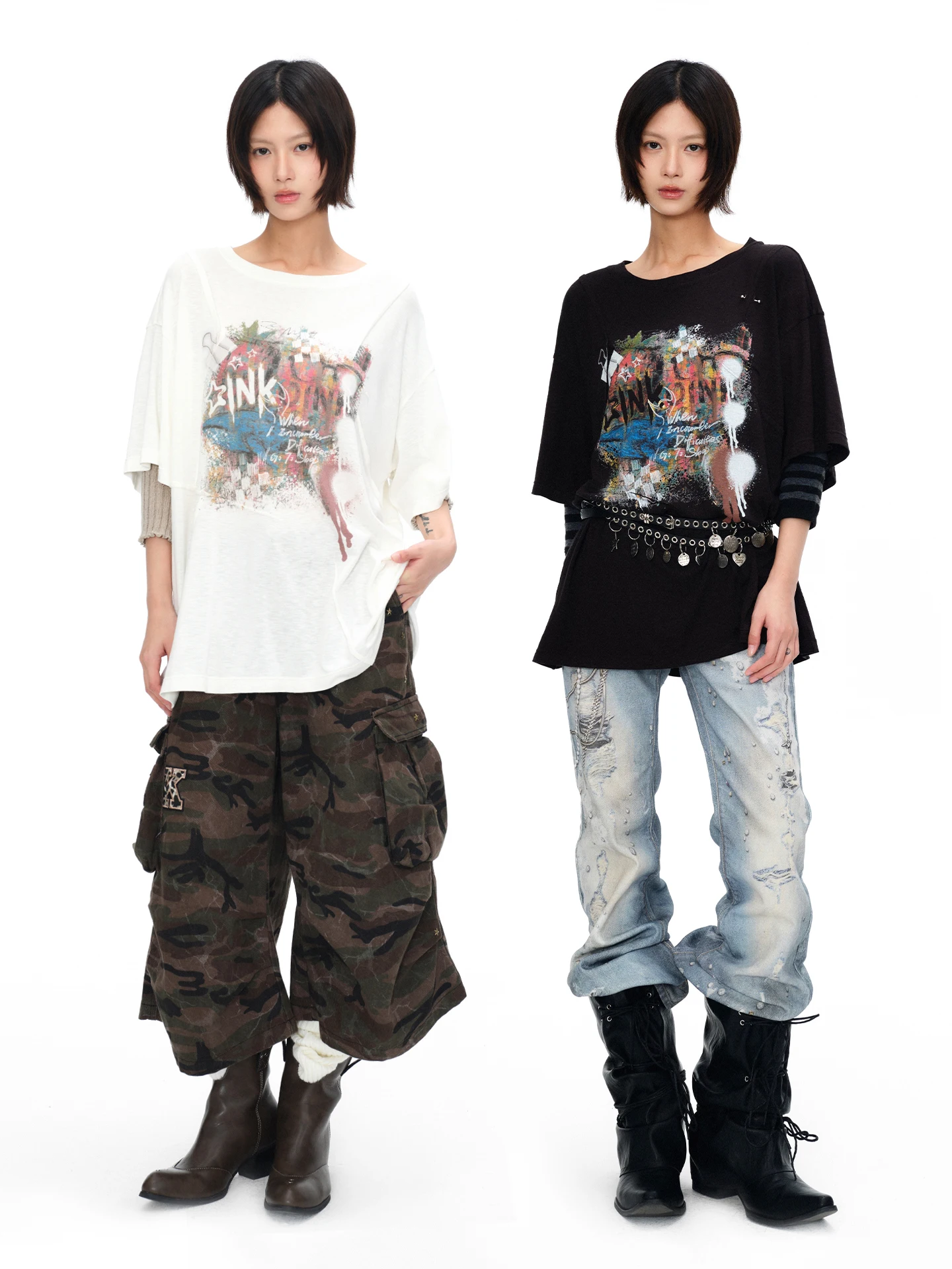 

Oink Oink Punk Graffiti Worn-In Print Short Sleeve Loose Lazy Style round Neck T-Shirt Versatile Summer Top for Women