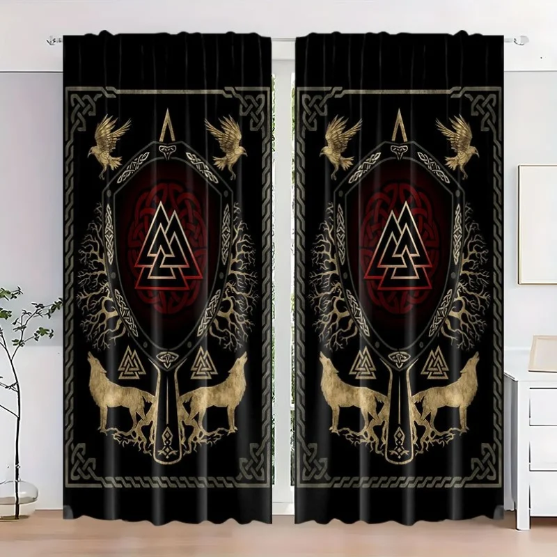 2PCS Viking Shield Raven Wolf Light Blocking Curtains Black Red Gold Machine Washable Polyester for Bedroom Living Room Office