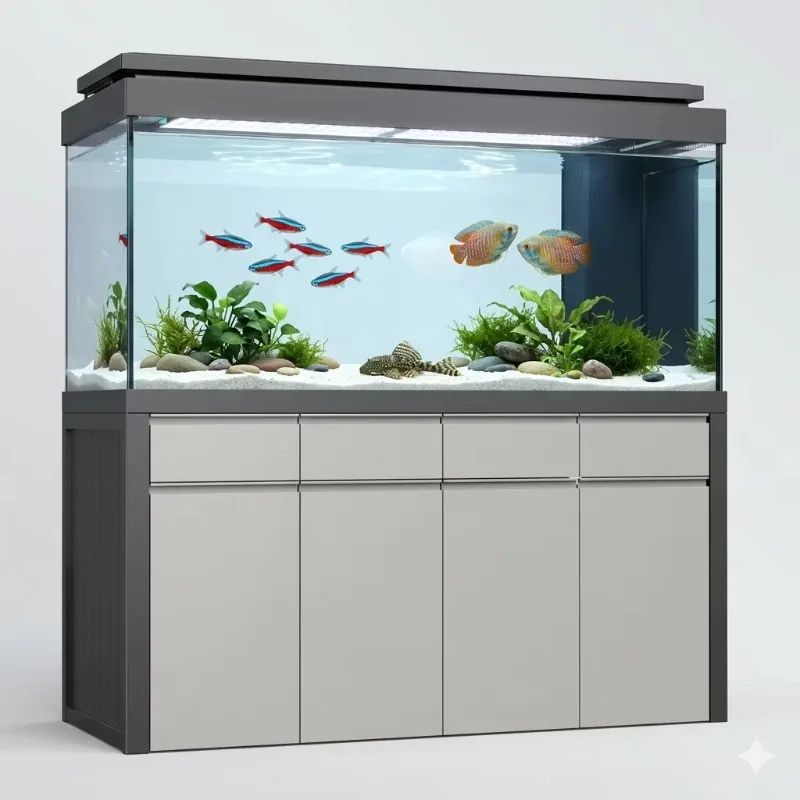 Fully Transparent Glass Integrated Freshwater Fish Tank with Built-in Filter and Aluminum Frame Fish Tank