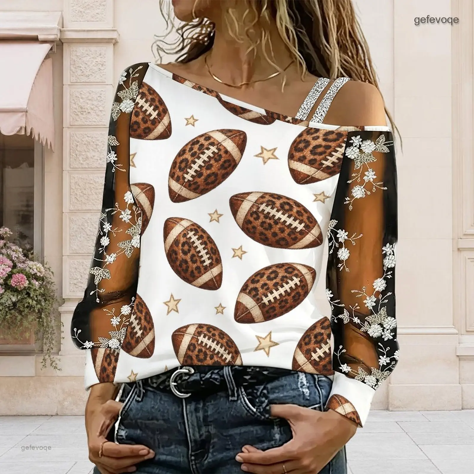 Women Leopard Football Star Print Asymmetric Cold Shoulder Long Sleeve Top with Embroidered Sheer Mesh Sleeves
