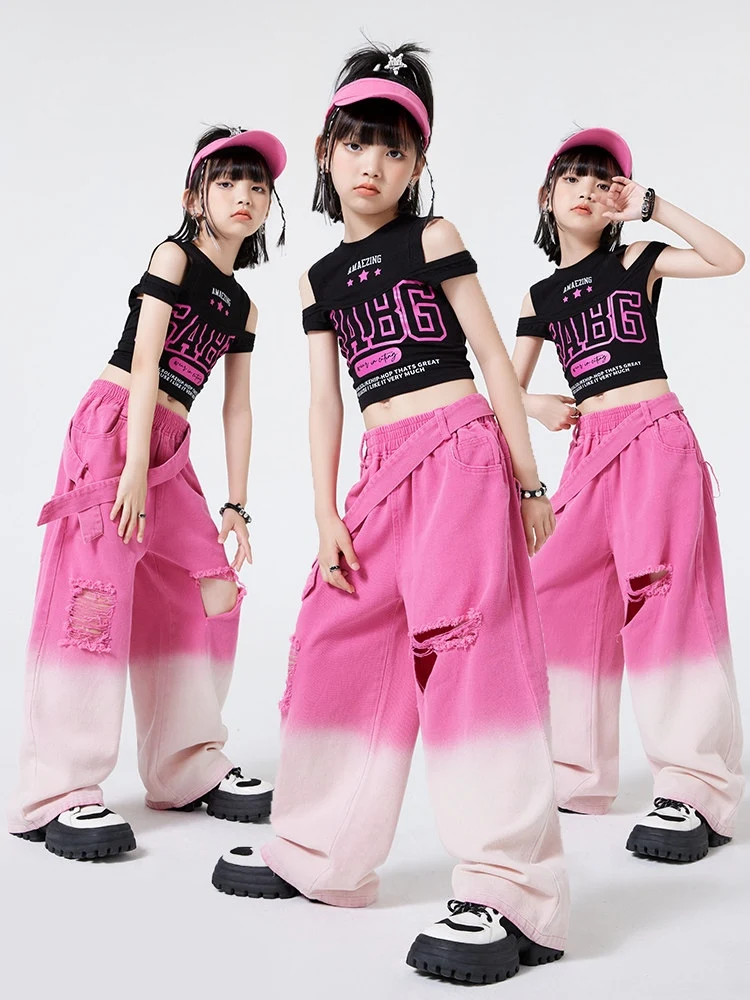 

Одежда для современного джазового танца, черный короткий жилет для девочек, розовые модные брюки в стиле хип-хоп, детская уличная одежда в стиле Kpop, детская одежда для концертов BL15131