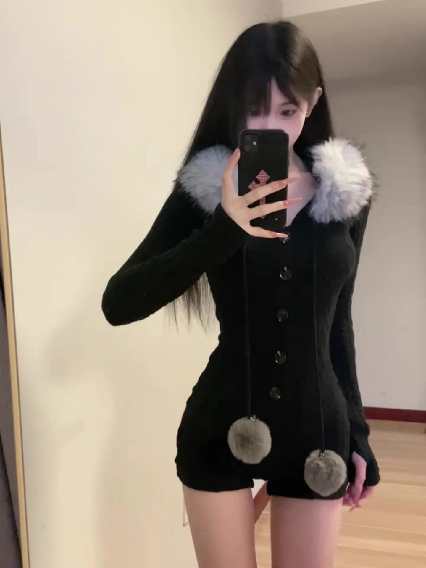 

Bla Knitted Long Sve Onesie Women's Autumn Slimming ort Pants High Waist Poly Fiber Straight Leg Pure Color Casual Suit