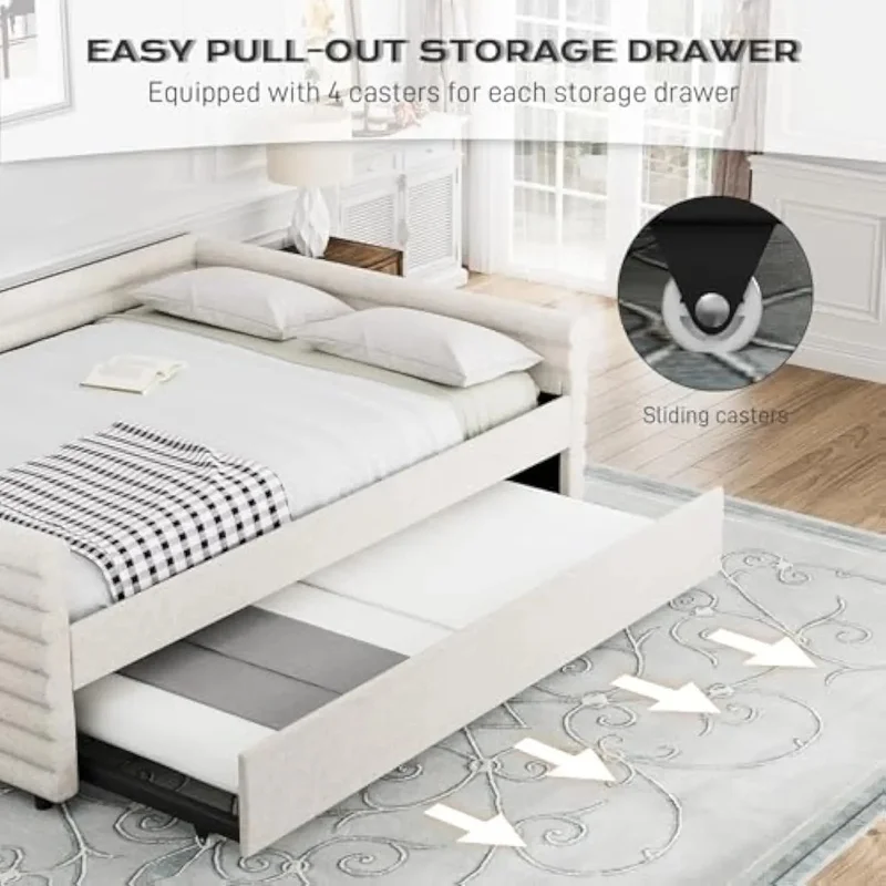 سرير نهاري منجد بالحجم الكامل مع دولاب ومسند ظهر، ودعم شريحة خشبية، ونسيج كتان، وحجم مزدوج #3