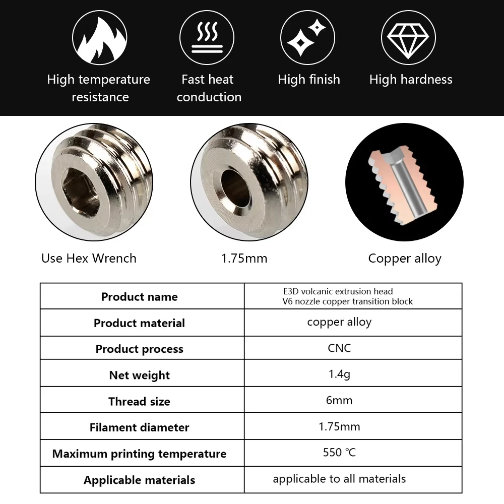 V6 Volcano Hotend Adapters For Volcano Heater Block to V6 Nozzle Hight Flow Nozzle Copper Connector 3D Printer Parts