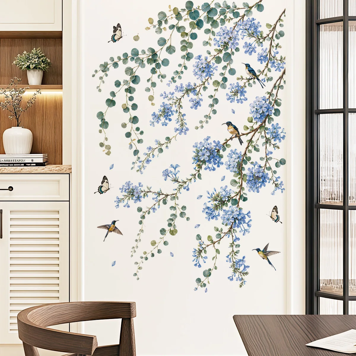 Crape Myrtle Flower Bird Plant Vine Wall Sticker Self‑Adhesive Wall Decal for Sofa Background Wall Bedroom Door Home Decor