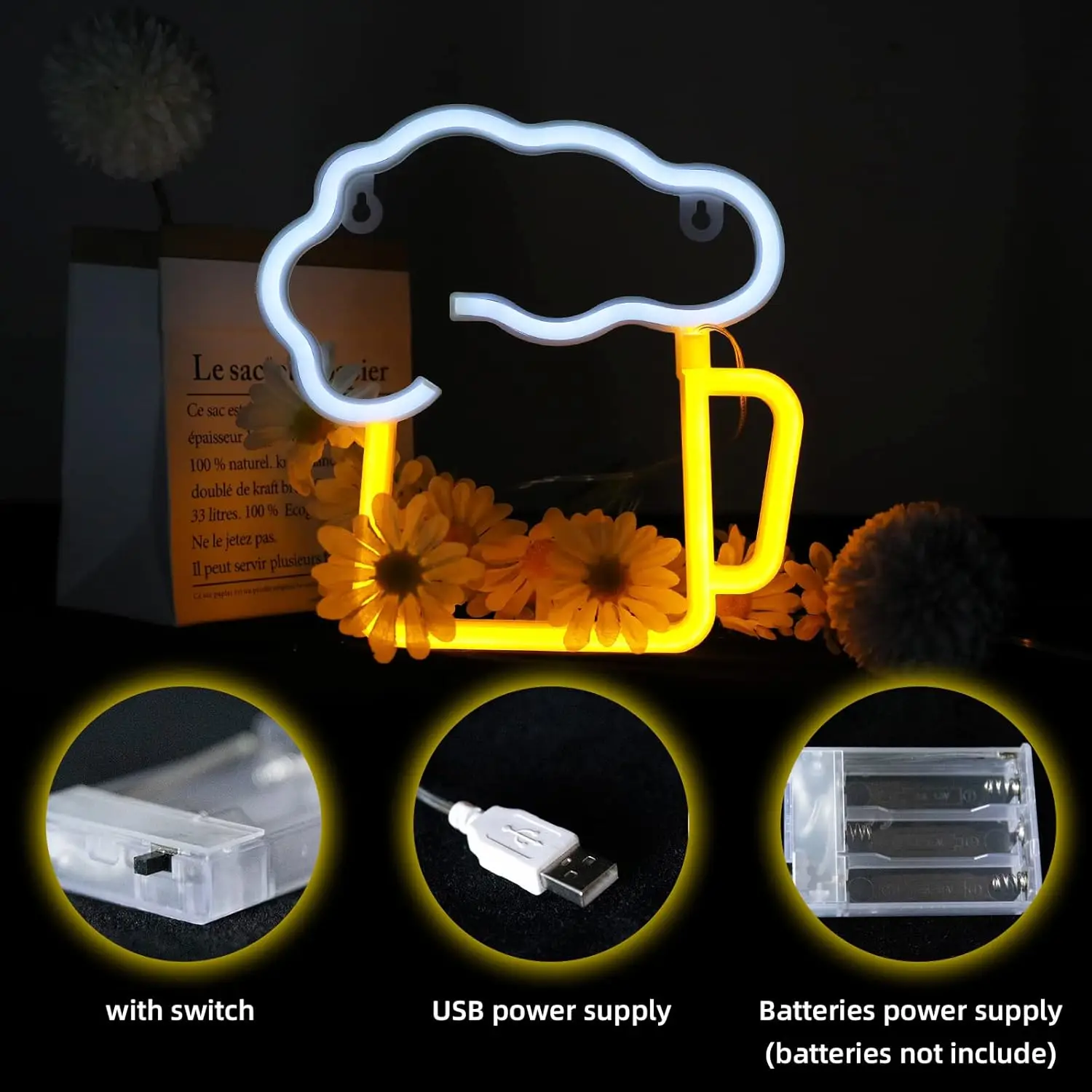 ضوء نيون LED بالبيرة الصفراء، شريط كهف للرجال، ديكور معلق على جدار الغرفة، ديكور الحفلات، هدية العيد، USB أو يعمل بالبطارية (البطارية غير متضمنة) #2