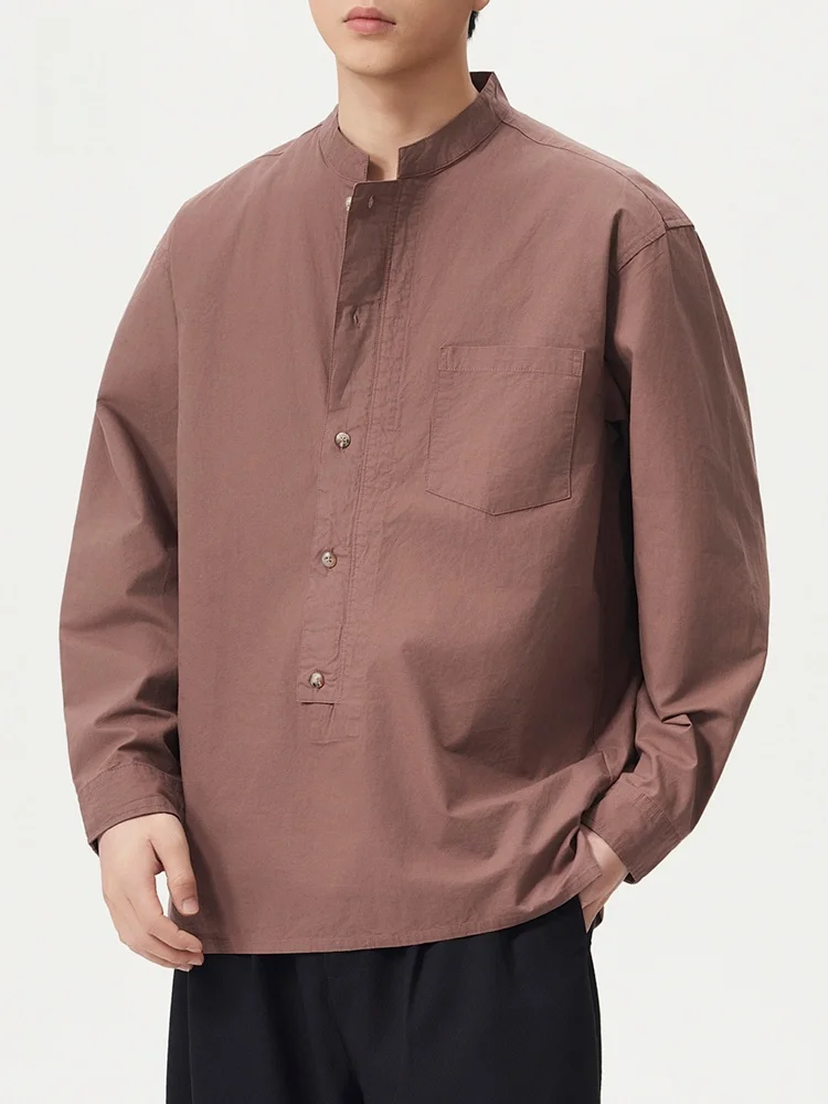 

American Sle Long Sve irt Men's Pure Color Loose Retro Linen Workwear Stand Collar Trendy Versatile Spring Faion