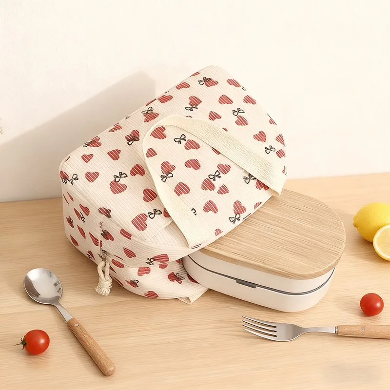 Kawaii Corduroy Lunch Bag for Women Girls Large Insulated Lunch Tote Bag with Strawberry Print Leakproof Thermal Cooler Bag for