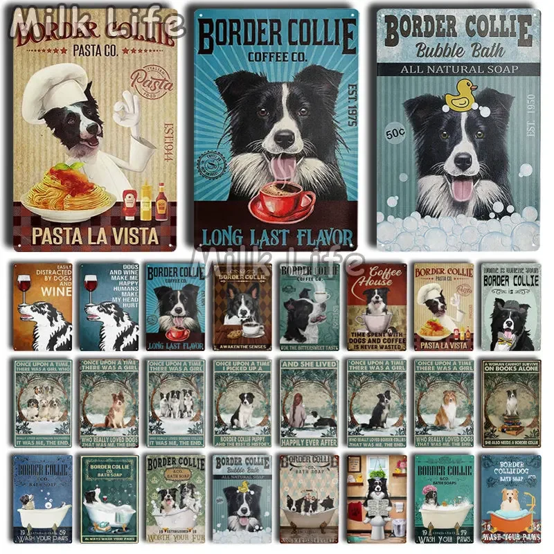 Metal Tin Sign Vintage Funny Border Collie Dog for Coffee Bathroom Toilet Pet Shop Home Sweet Home Sign Bedroom Art Wall Decor