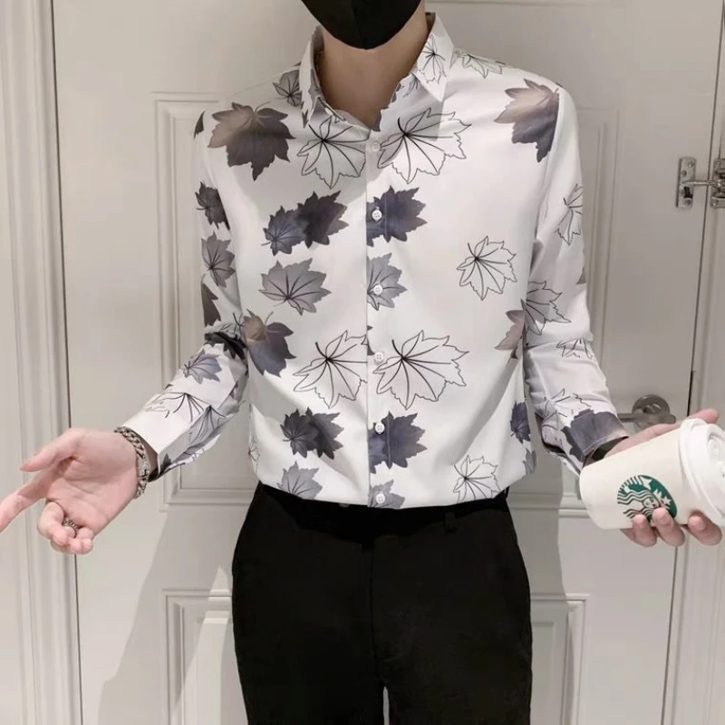 

Trend Casual Men Shirts New Sping Autumn Lapel Printing Single Breasted Streetwear Office Social Loog Sleeve Slim Tops JJ219