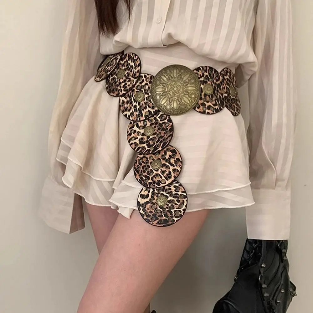 여성용 펑크 메탈 레오파드 무늬 벨트, Y2K 빈티지 카우걸 버클 벨트, 타원형 PU 가죽 에스닉 스타일 커머번즈