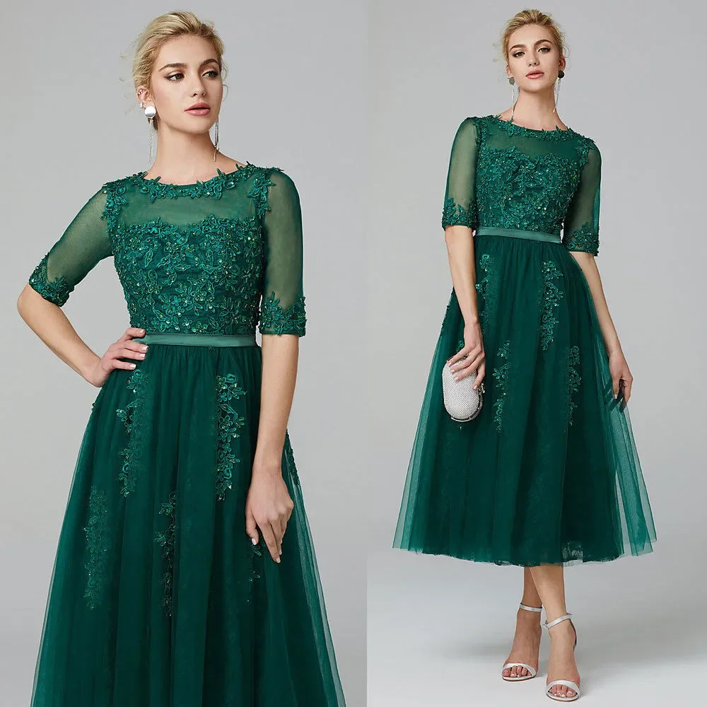 Olive Green Tea Length Mother Of the Bride Dress Half Sleeves For Wedding Party Guest Dresses Formal Evening Gowns