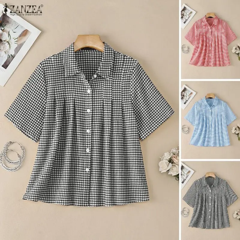 

Women Summer Plaid Shirt 2026 ZANZEA Lapel Neck Short Sleeve Blouse Stylish Casual Buttons-Up Tops Female OL Work Blusas Tunic