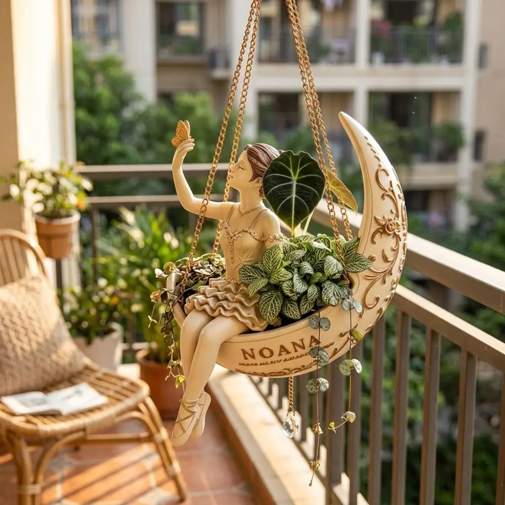 Resin Ballet Dancer Hanging Planter Elegant Ballerina Figure Whimsical Moon Girl Flower Pot Hand Carved Weather Resistant