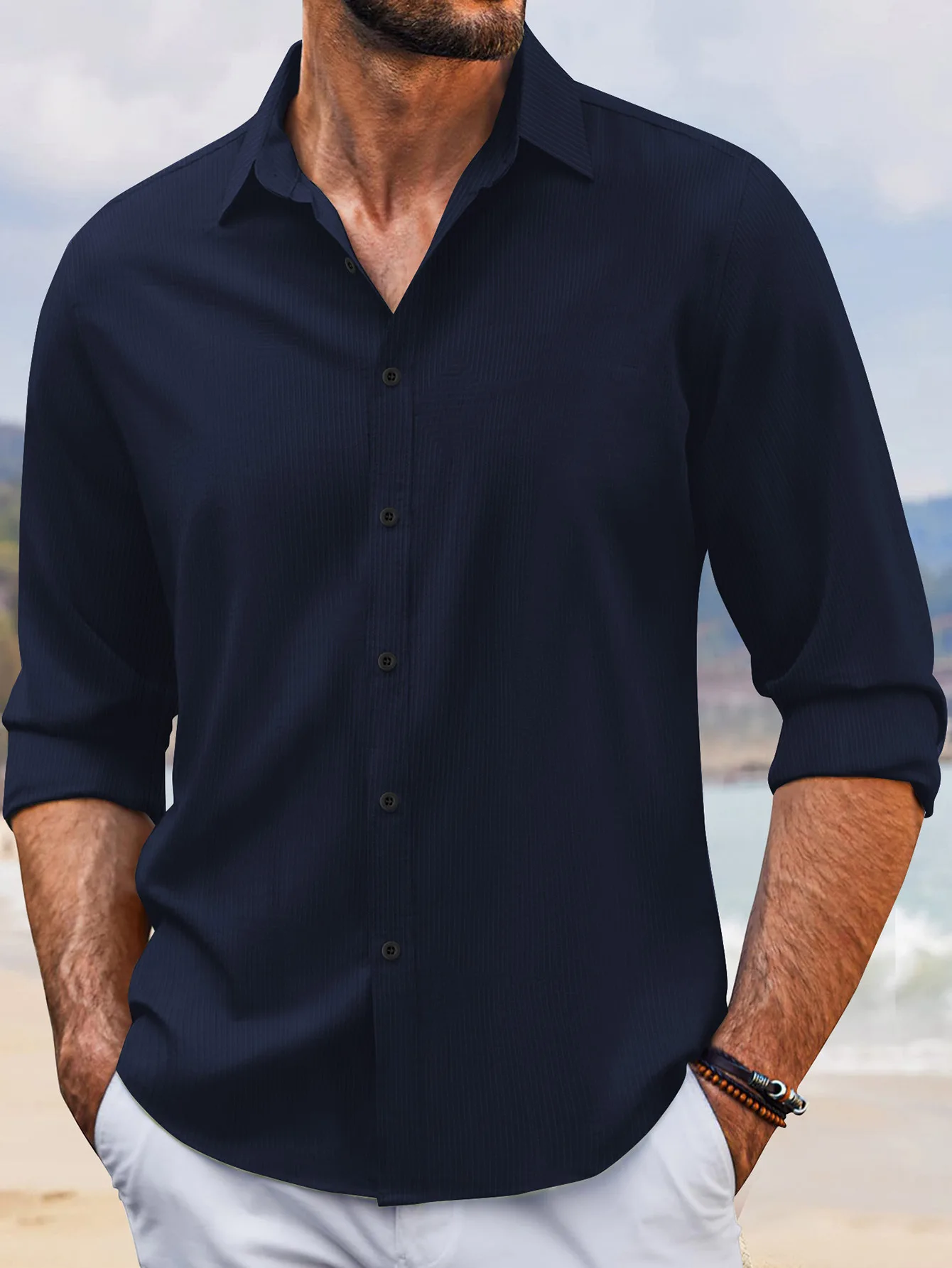 New Men's Casual Shirt, Spring And Autumn Fashion Lapel Striped Diamond Anti-wrinkle High Elastic Material Long sleeve cardigan