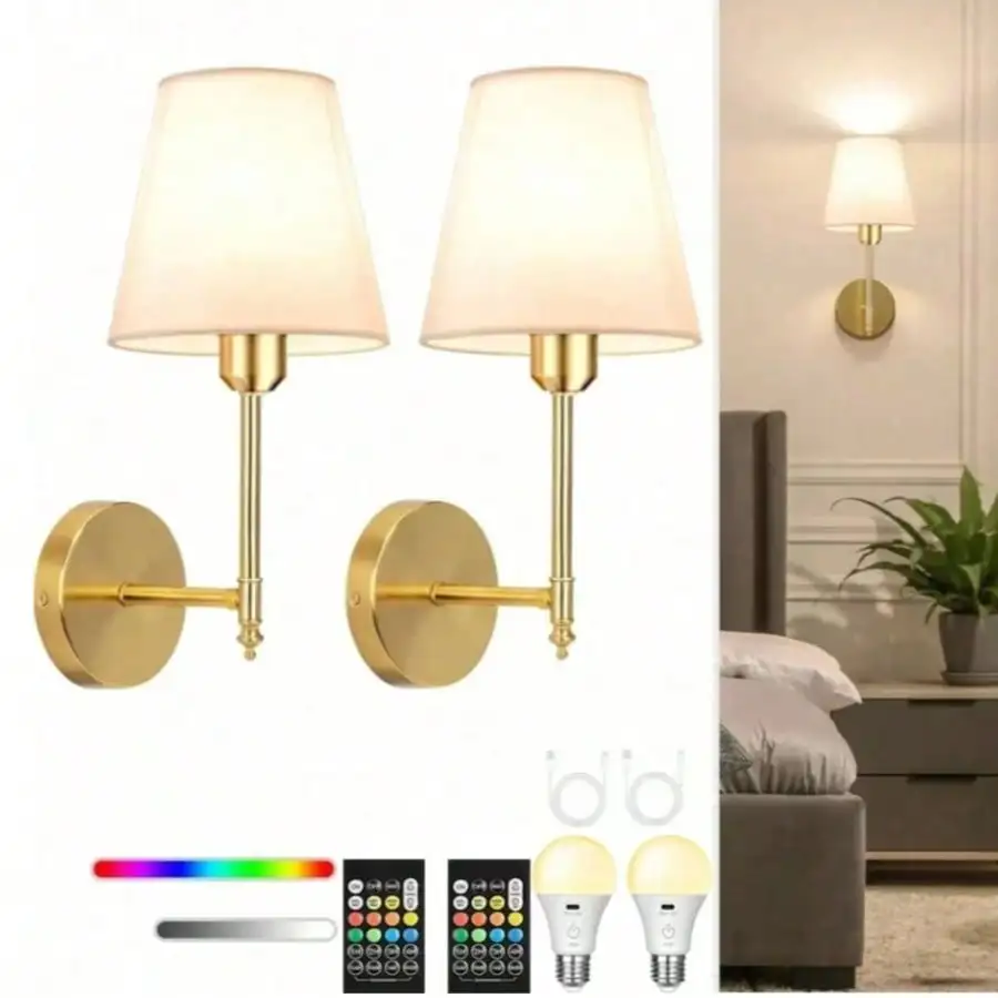 2pcs Cordless Wall Lamps With Rechargeable Dimmable LED And Remote Control - Wireless Plug And Play, Modern Semi-Recessed Metal Wall Sconces For Bedroom, Living Room, Hallway (No Wiring Required) - Batteries Included