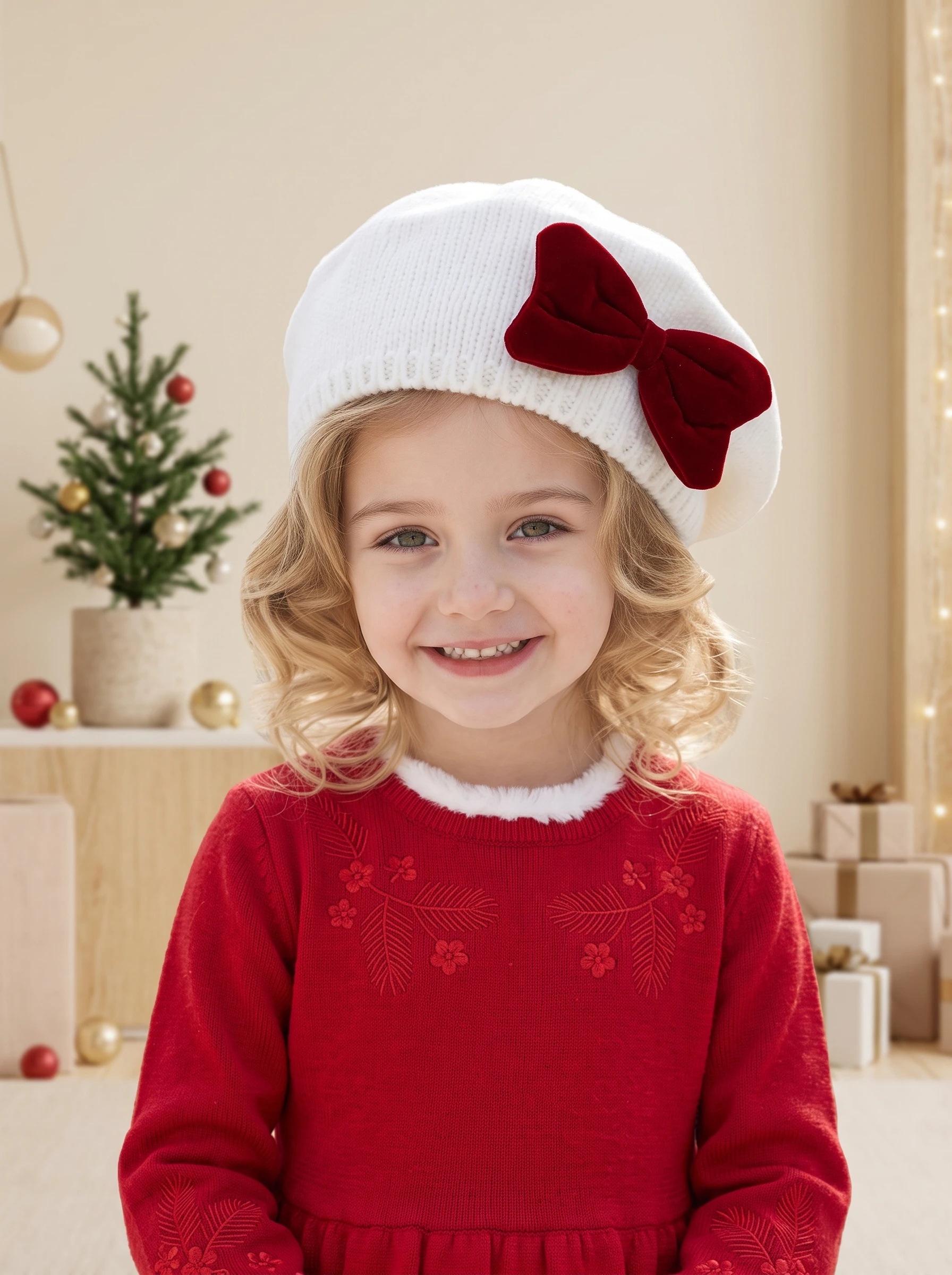 1 unidad de gorro de punto de terciopelo para bebés y niñas, gorro estilo pintor con decoración de lazo rojo para niñas pequeñas de 2 a 8 años