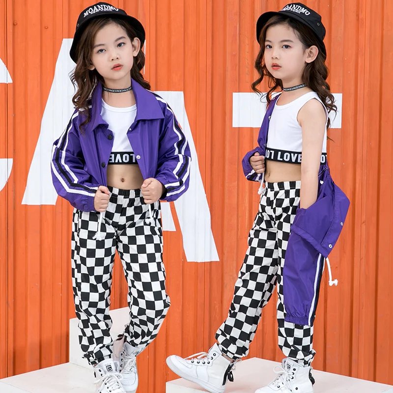 

Girls Crop Jacket Plaid Pant Hip Hop Kids Checkered Street Dance Clothes Sets Child Jazz Short Coat Outfits Costumes Streetwear