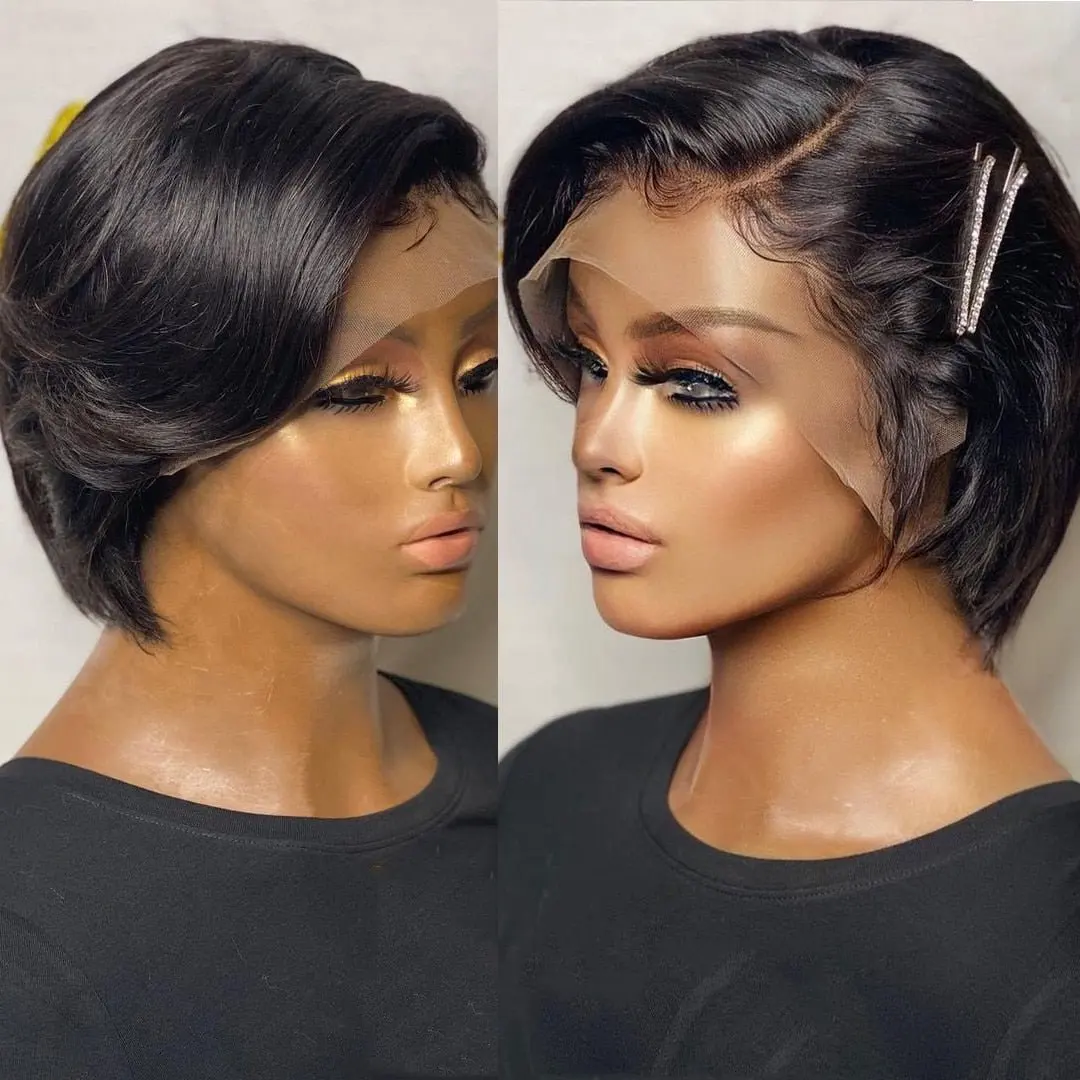 

Natural Lace Frontal Pixie Cut Bob Wig 100% Human Hair Bob Wigs Short Black Straight Wigs For Women Brazilian Remy T Part Wigs