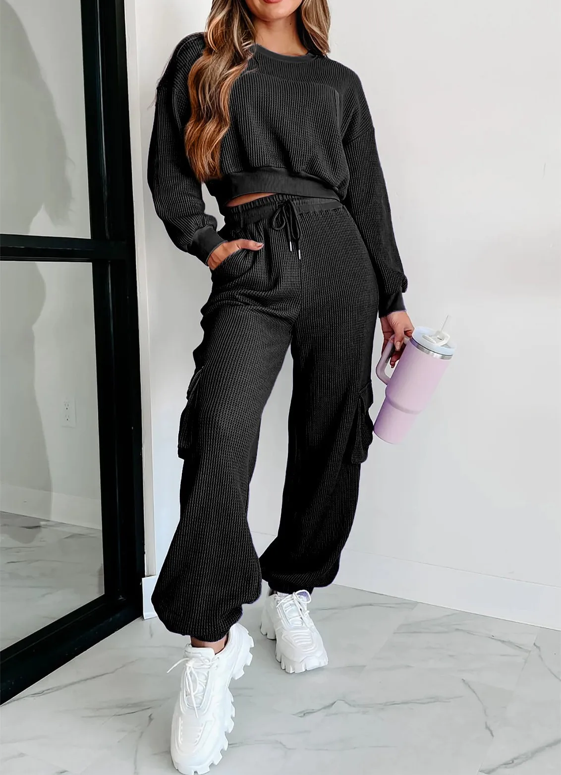 Autumn Winter New Solid Color Pants Sets Women Pocket Short Top Leace-up Trousers Two Piece Set Female Casual Sporty Style Suits