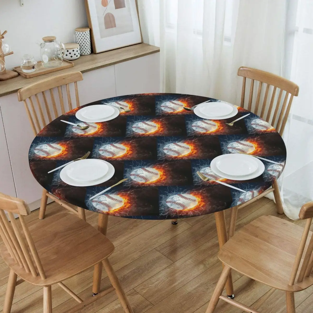 Baseball In The Fire And Water Waterproof Round Tablecloth Oilproof Table Cloth for Kitchen Events Dining Table Cover