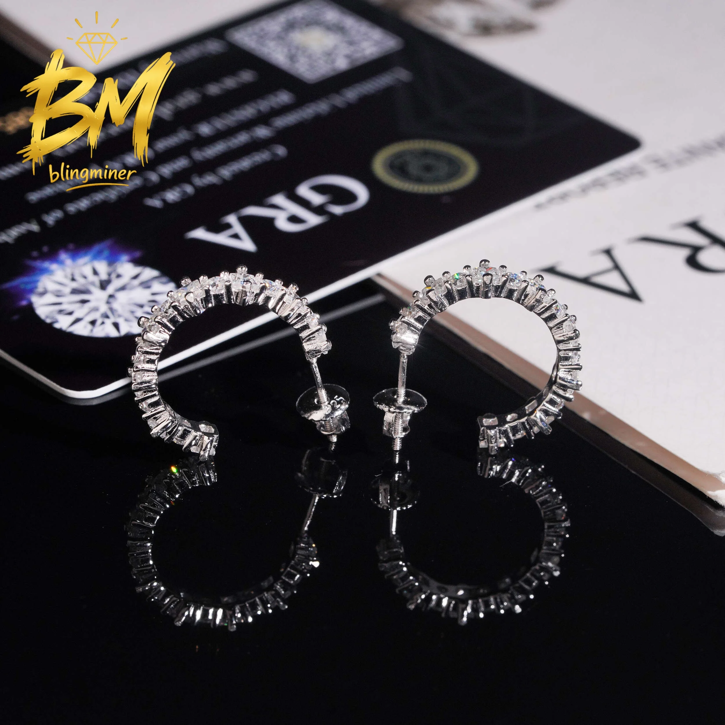 Blingminer Iced Out Half Hoop S925 Silver VVS Moissanite Earrings For Women Ear Studs Jewelry Pass Diamonds Tester GRA