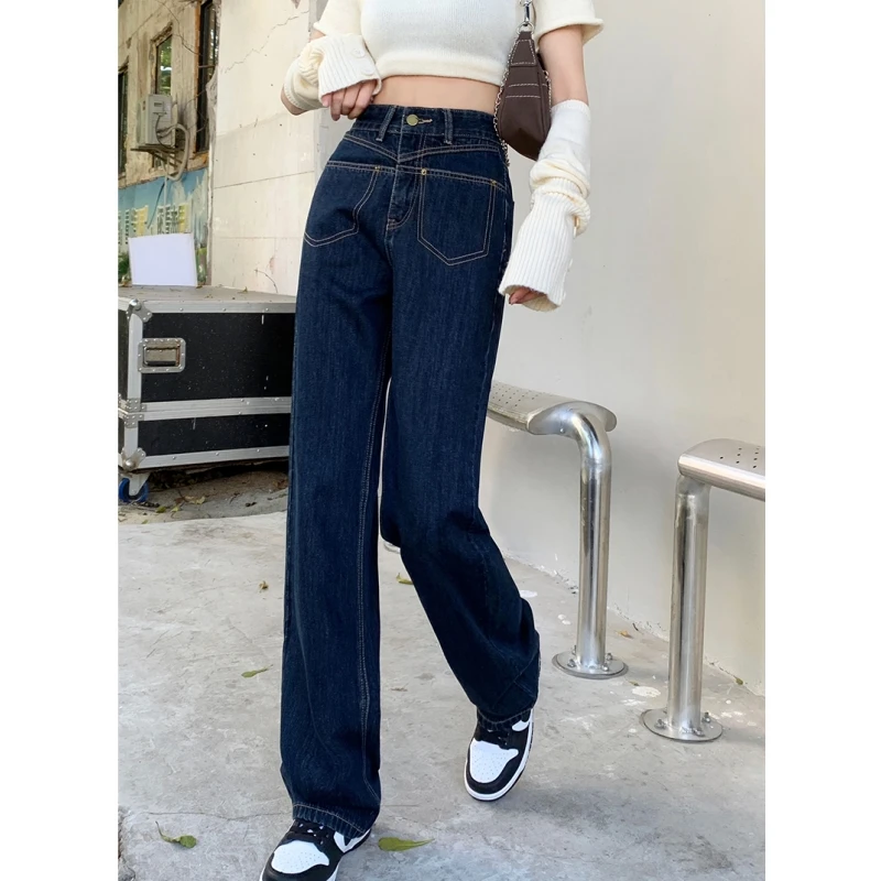 

Blue Plus Size Women's Jeans High Waist Straight Baggy Pants Streetwear Harajuku Vintage Casual Female Wide Leg Denim Trouser