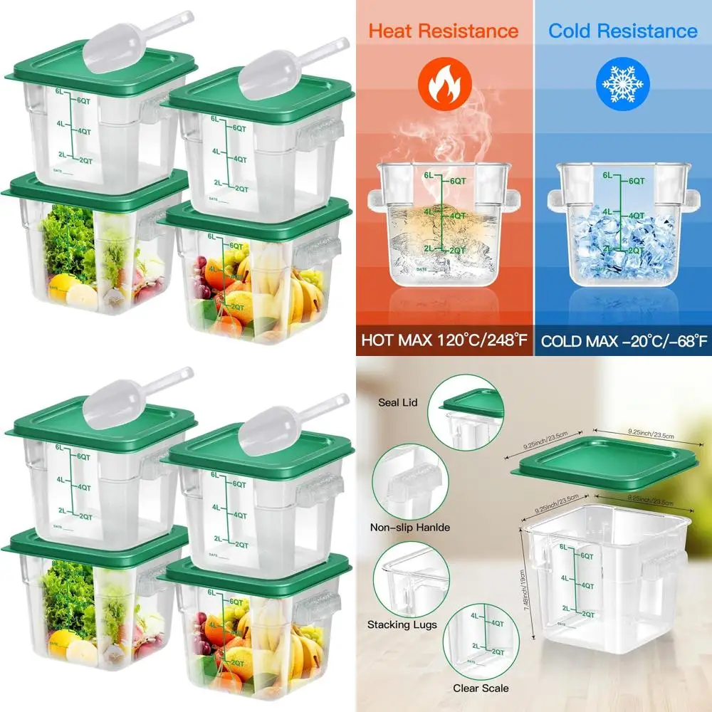 

Set of 4, 6-Quart Square Clear Food Storage Containers with Lids, Handles, and Scales for Kitchen and Dining Use