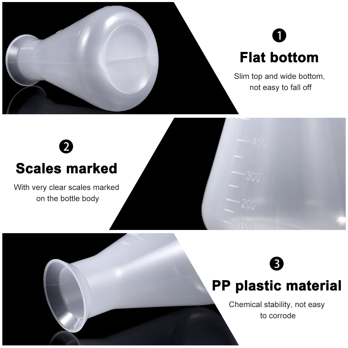 3pcs Plastic Flask Conical Flask For Laboratory Students Educational 50Ml 100Ml 500Ml Clear Scale Double Sided