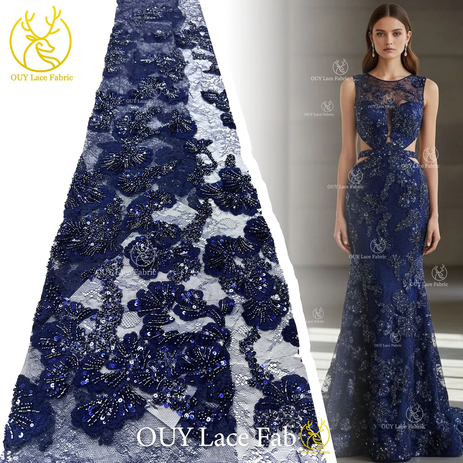 

Высококачественное французское кружево с вышивкой и пайетками, 5 ярдов, темно-синее, с бисером, для свадебных и праздничных платьев, коллекция 2026 года, африканский стиль.