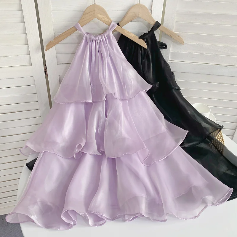 Mini vestido de renda com cabeçada, organza perolada, babado sem mangas, bolo em camadas, boneca linha A, vestido de fada, festa, verão