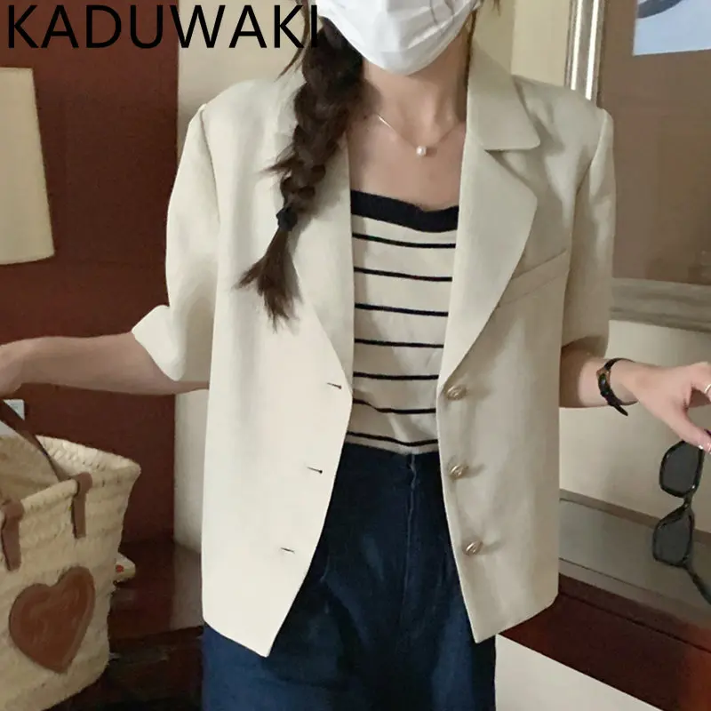 Kroean Chic Coats Femme Casual Lazy Style Clothing 2024 Summer French Vintage Single-Breasted Short Sleeve Blazer Solid Jacket