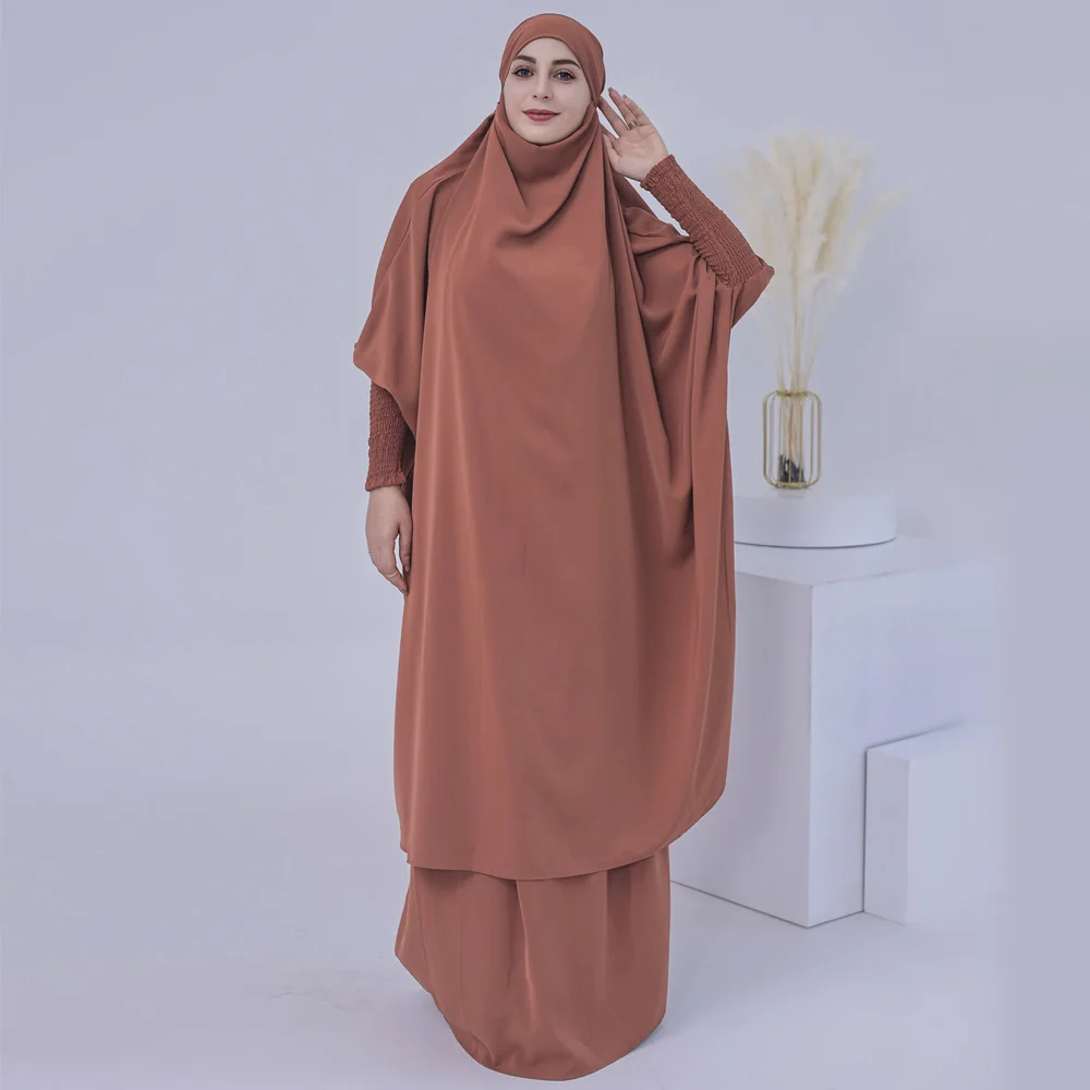 

Ramadan Eid Jilbab 2 Piece Muslim Set Women Prayer Garment Nida Hooded Abaya Long Khimar Hijab Dress Kaftan Niqab Islam Clothes