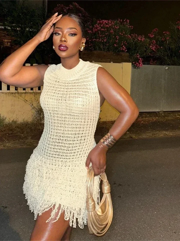 

Women Knitted Hollow Out Sleeveless Bodycon Mini Dress Summer tassel Sexy Night Club Street Beach Dresses Vestidos
