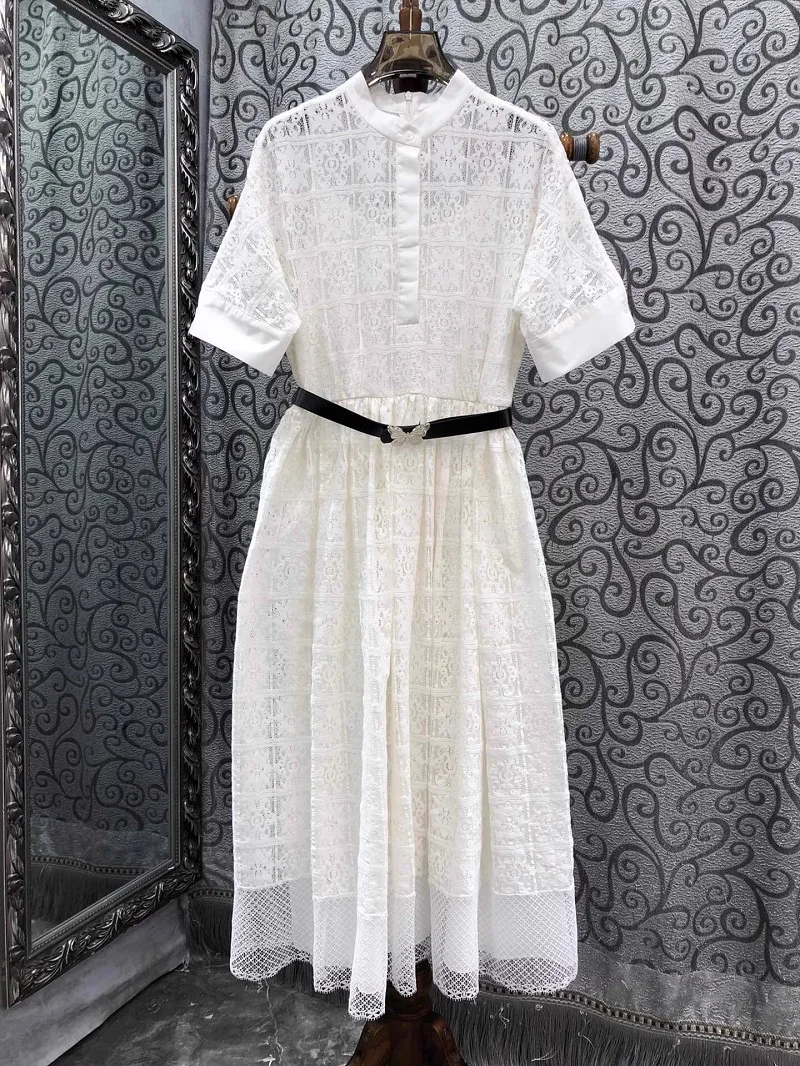 

Top Quality New Lace Dress 2024 Spring Summer Party Events Women Allover Crochet Lace Embroidery Belt Deco Elegant Dress White