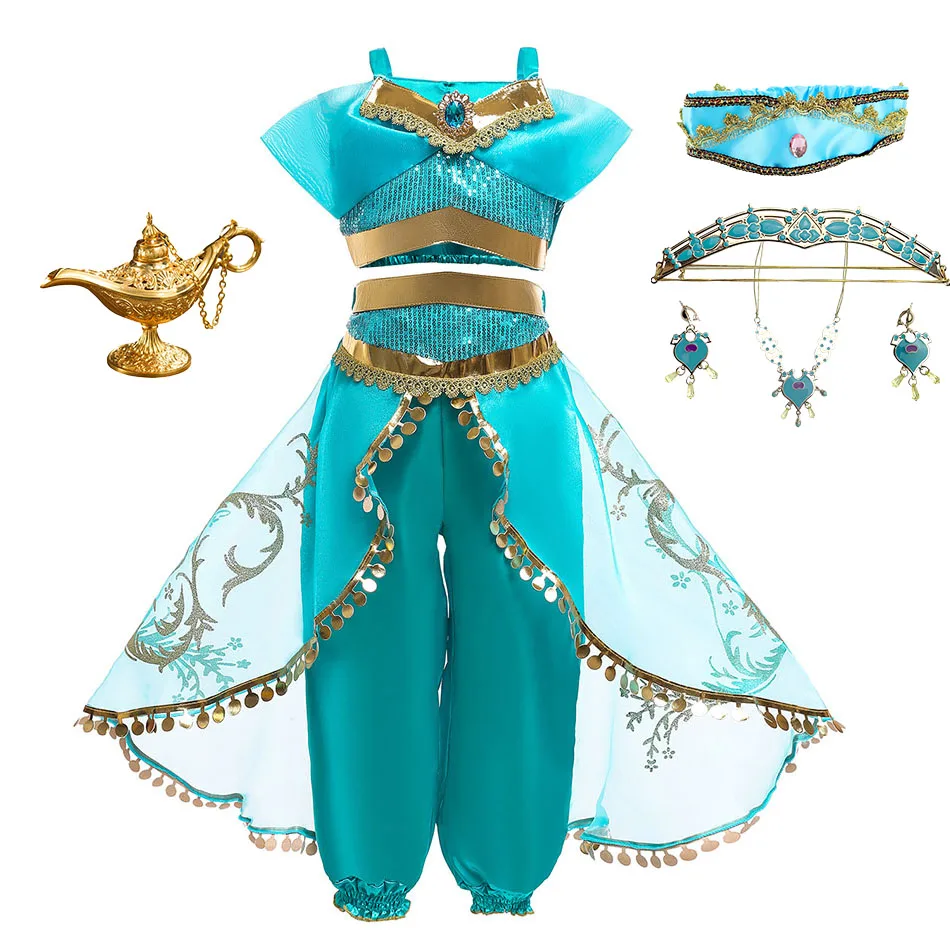 

Baby Jasmine Dress Girls Arabian Princess Costume Kids Aladdin Lamp Party Outfits Carnival Shoulderless Clothes 3-10 Years