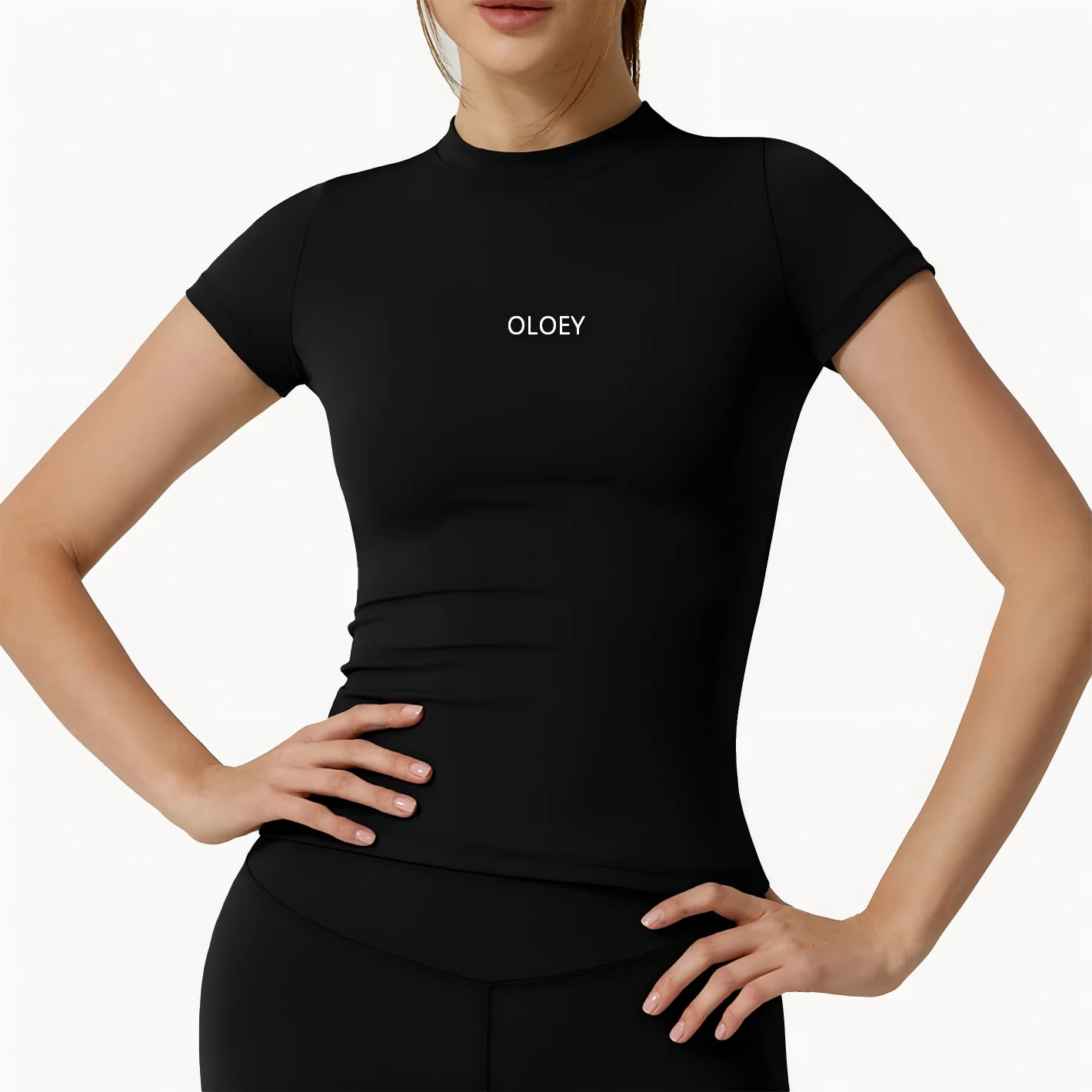 OLOEY – haut de yoga décontracté et polyvalent, couleur unie, manches courtes, séchage rapide, couleur chair, coupe ajustée, pour la course à pied et le yoga