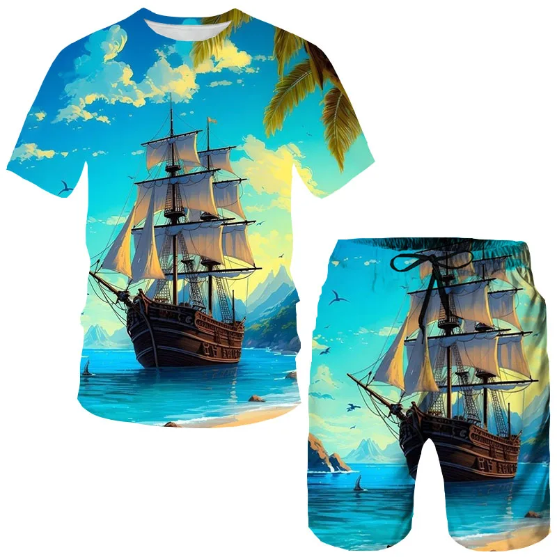 Zomer Piratenschip 3d Print T-Shirts Shorts Sets Heren Trainingspakken Oversized T-Shirt Met Korte Mouwen Broek Set Man Suits Kleding