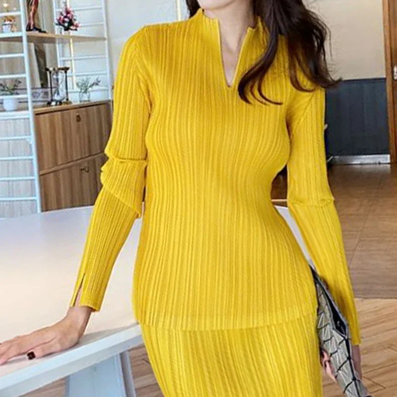 Pleated Top Women's Sanzhai Spring and Autumn 2023 New Long Sleeve Short  V-neck Underlay T-shirt